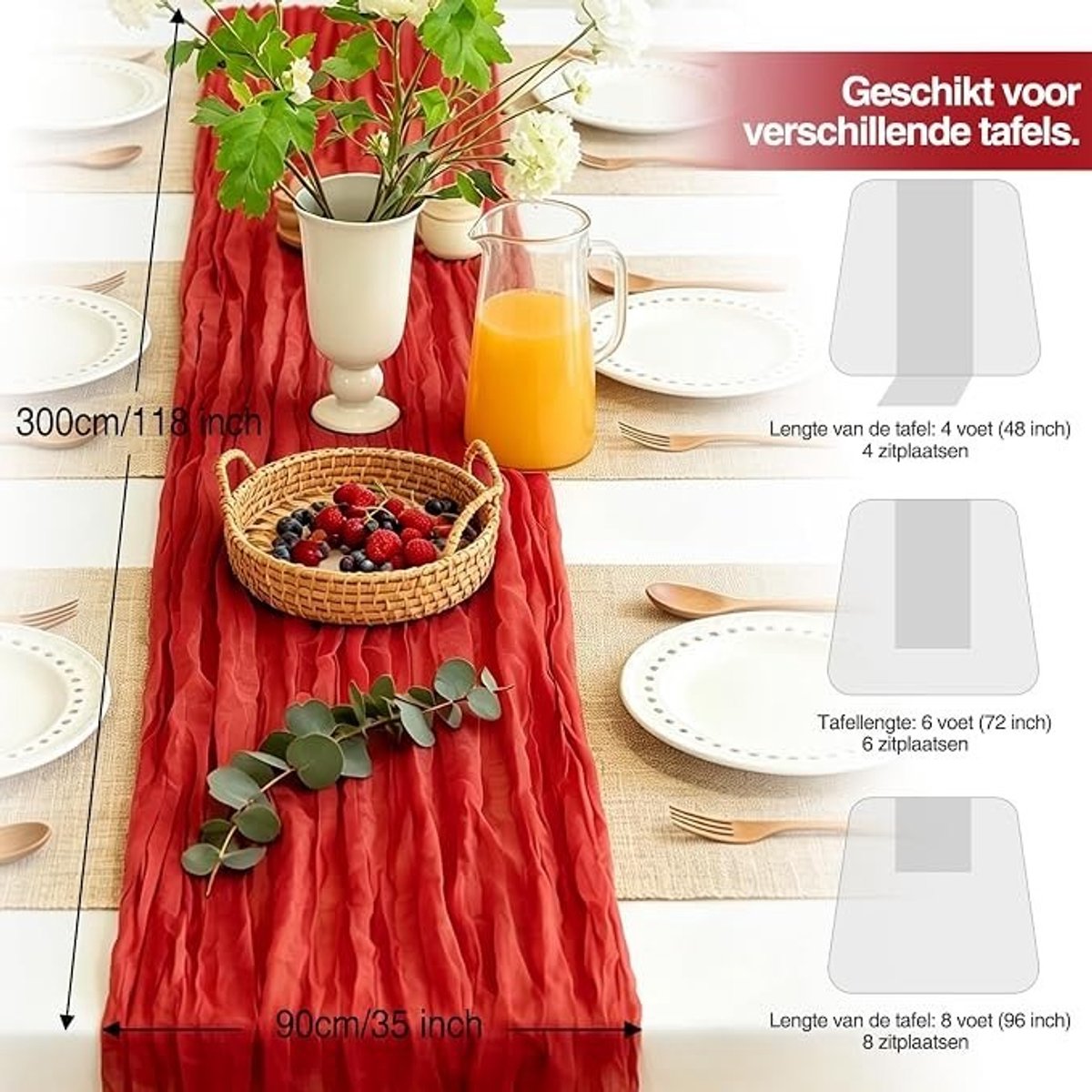 Livatto Kaasdoek Tafelloper Rood 300 x 90 cm – Boho Gaas Tafelloper voor Bruiloften en Feesten