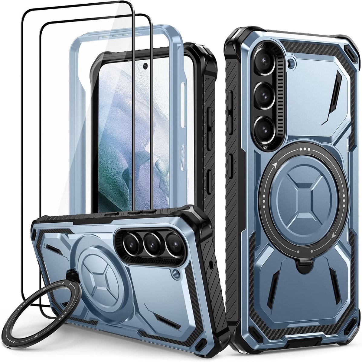 Telefoonhoesje voor Samsung Galaxy S21, met 2 stuks beschermfolie, 360° ringstandaard, beschermhoes, militaire stootvaste telefoonhoes voor Samsung S21 5G, blauw