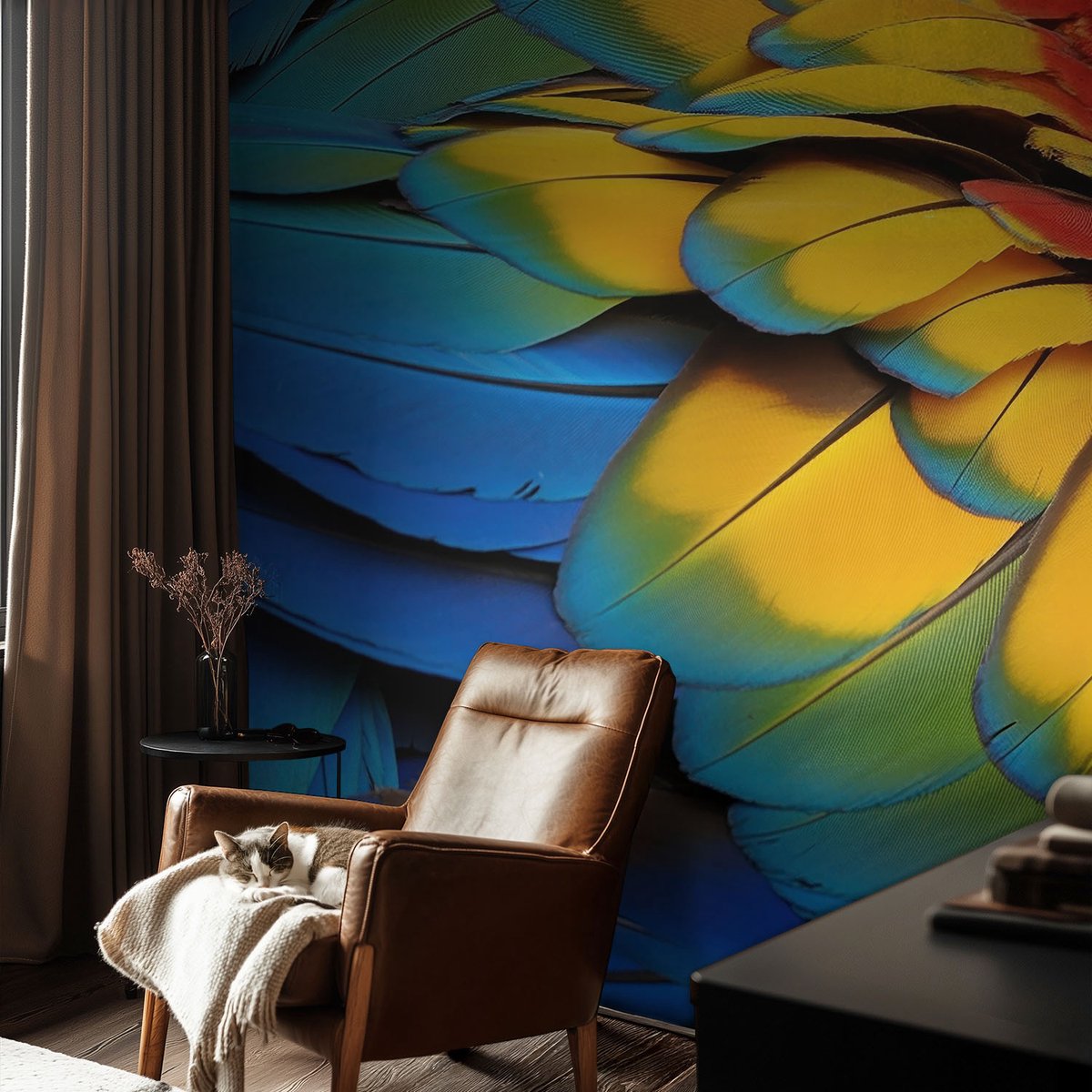 Coloray Vliesbehang - Blauw Snellijm Behang - 104x70 cm - Regenboogveren Muurschildering - Slaapkamer behang Dieren - Fotobehang Vlies - Slaapkamer behang