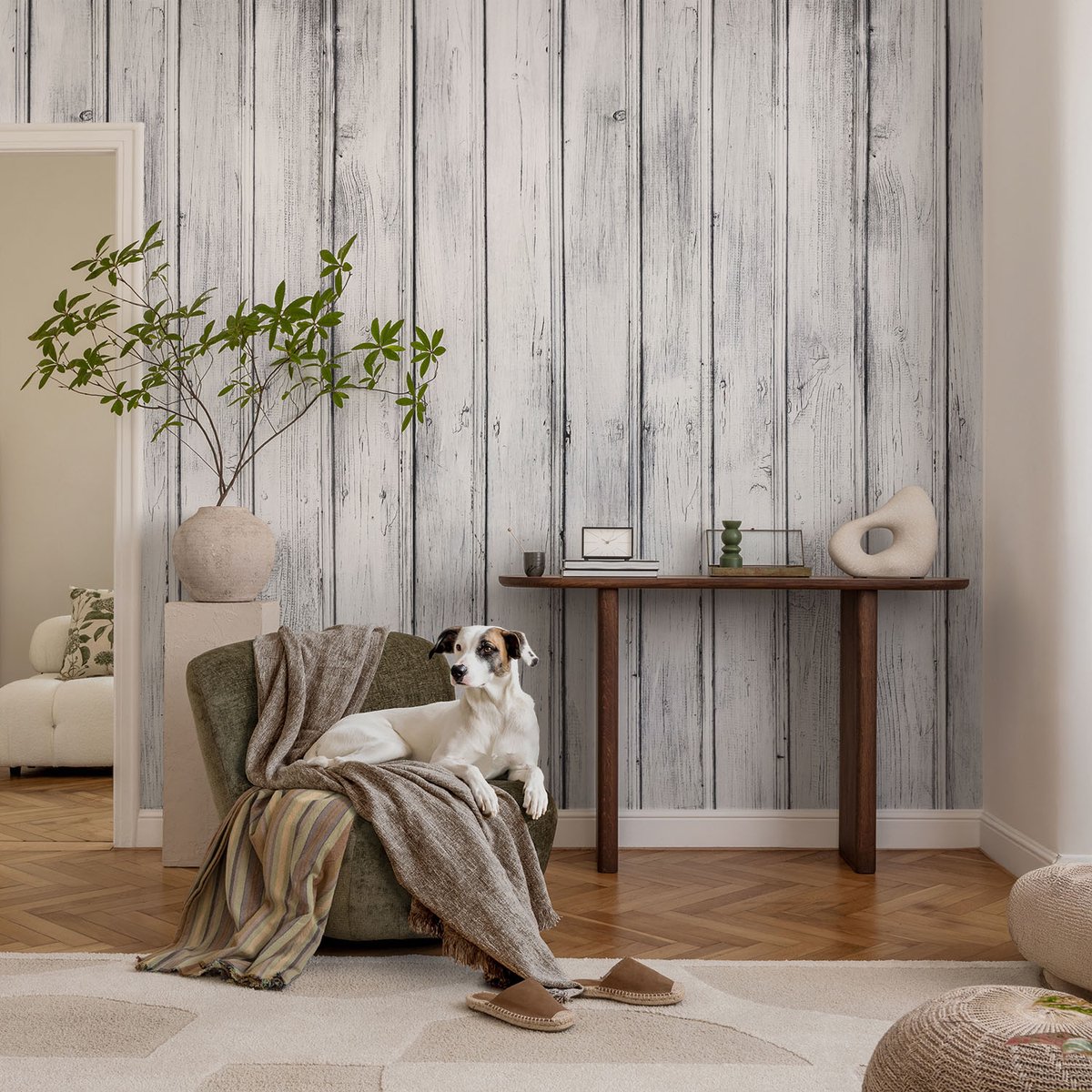 Coloray Vliesbehang - Wit Snellijm Behang - 104x70 cm - Houten Planken Fotobehang Vlies - Hal behang Texturen - Muurschildering - Hal behang