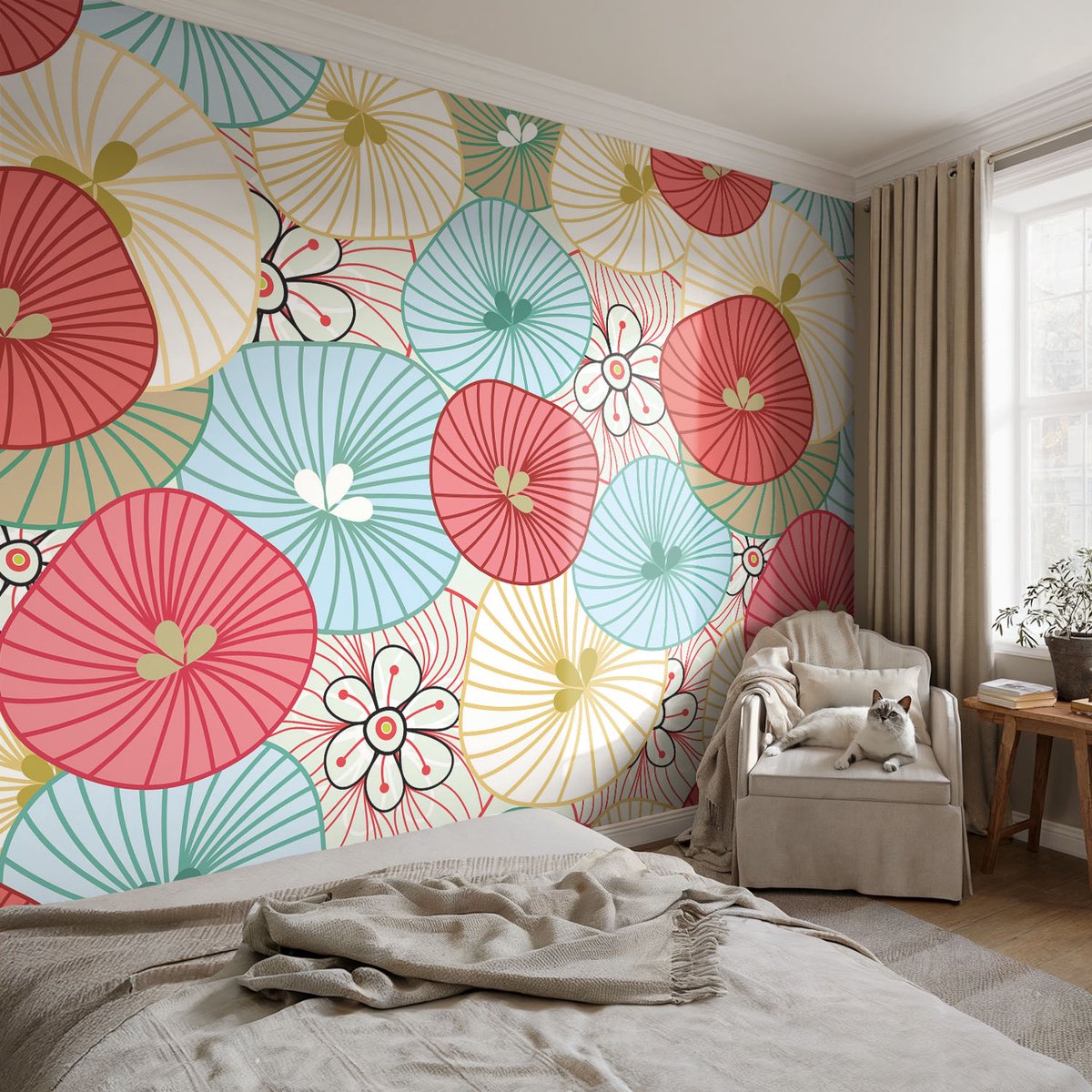 Coloray Vliesbehang - Rood Snellijm Behang - 104x70 cm - Bloemenpatroon Muurschildering - Slaapkamer behang Achtergronden En Patronen - Fotobehang Vlies - Slaapkamer behang