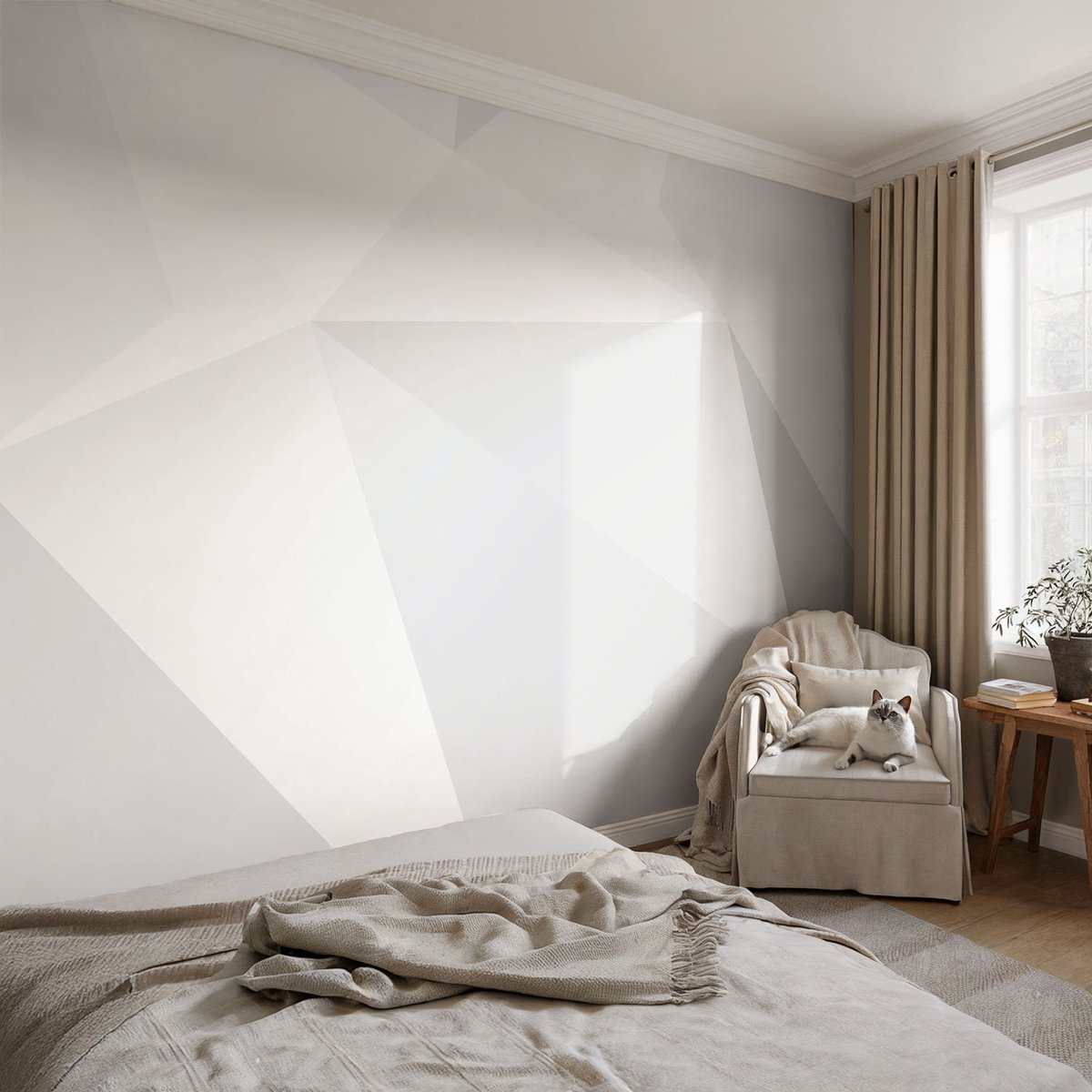 Coloray Vliesbehang - Wit Snellijm Behang - 104x70 cm - Grijze Driehoeken Muurschildering - Gang behang Geometrie - Fotobehang Vlies - Slaapkamer behang