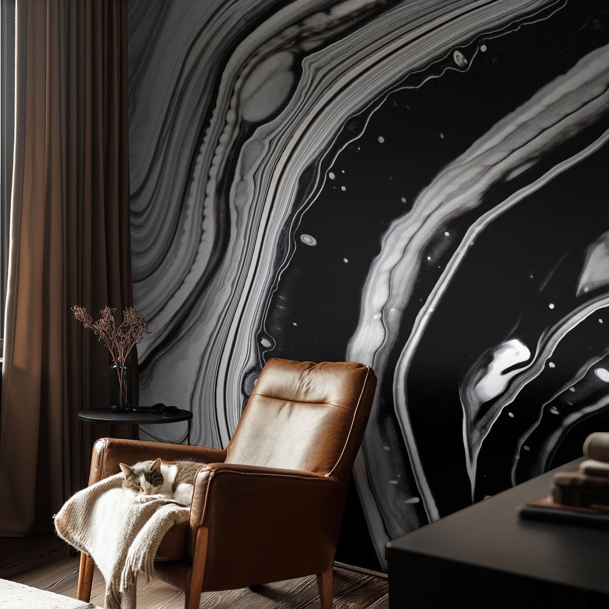 Coloray Vliesbehang - Zwart-Wit Snellijm Behang - 104x70 cm - Monochromatische Golven Muurschildering - Gang behang Abstractie - Fotobehang Vlies - Slaapkamer behang