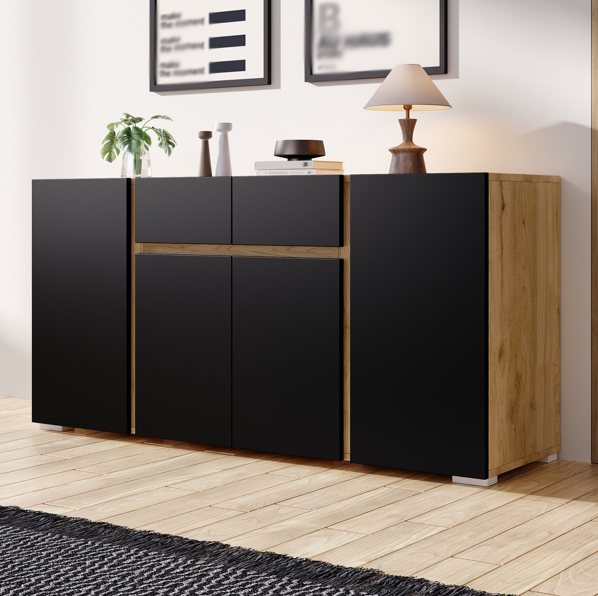 FloraGrace Dressoir - 4 Deuren En 2 Laden Met Verstelbare Planken - Voor Woonkamer En Eetkamer - MDF - 140x35x70 Cm - Zwart En Houtkleur
