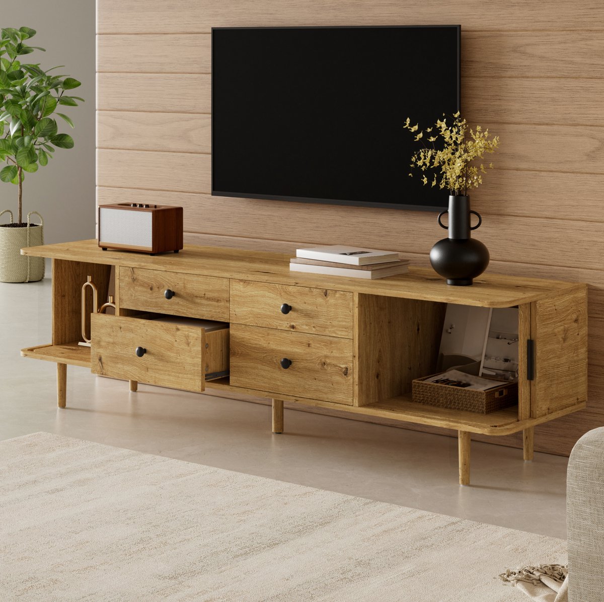 FloraGrace TV-Meubel - Laag MDF Meubel Met 4 Lades En 2 Schuifdeuren Met Ronde Hoeken - Voor Woonkamer - Houtlook - 165x40x46 Cm Houtkleur