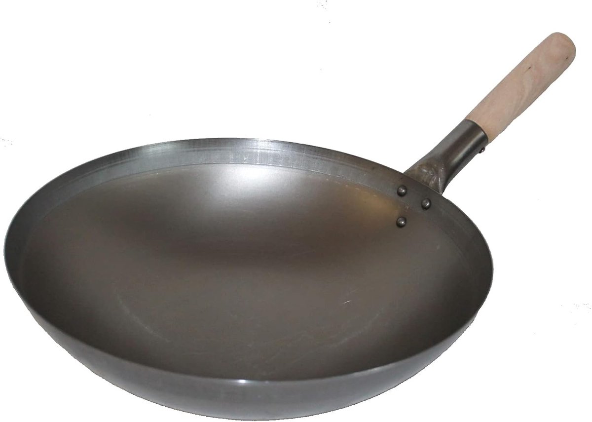 30 cm wok, Aziatische ijzeren pan, keuken wok met houten handvat; ronde bodem