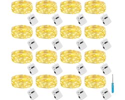 Litogo Mini-lichtsnoer met batterij, 16 stuks/3 modi, 2 m, 20 leds, waterdicht, kleine lichtsnoeren, werkt op batterijen, voor bruiloft, feest, binnen, kerstdecoratie, warmwit