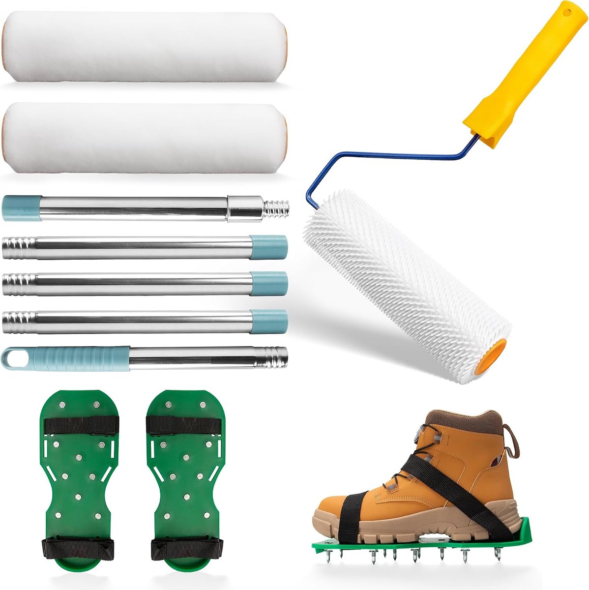 Ontluchtingsrollerset voor Egalisatiemortel, 23 cm Rol met Spikes, 2 Verfrollers (23 cm Elk), 1,5 m Lange Telescopische Steel en 30 mm Puntschoenen, Bodenbeschichtung Werkzeug Set