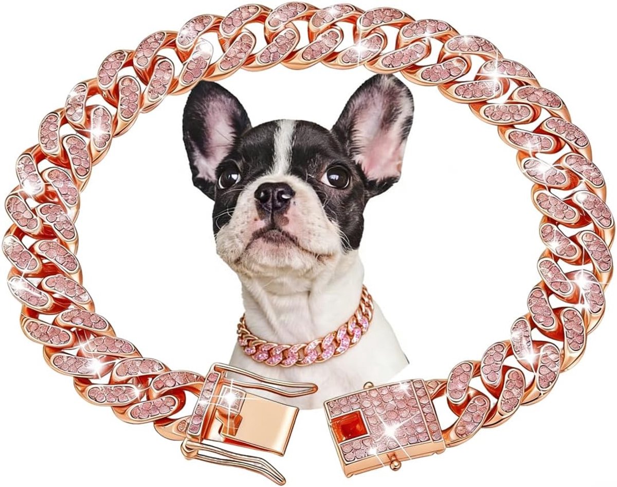 Gold Hond Ketting Halsbanden, Diamant Cubaanse Link Hond Ketting Wandelen Metalen Hond Ketting Met Veilige Gesp Kat Ketting Kraag Huisdier Sprankelende Sieraden Accessoires Voor Kleine