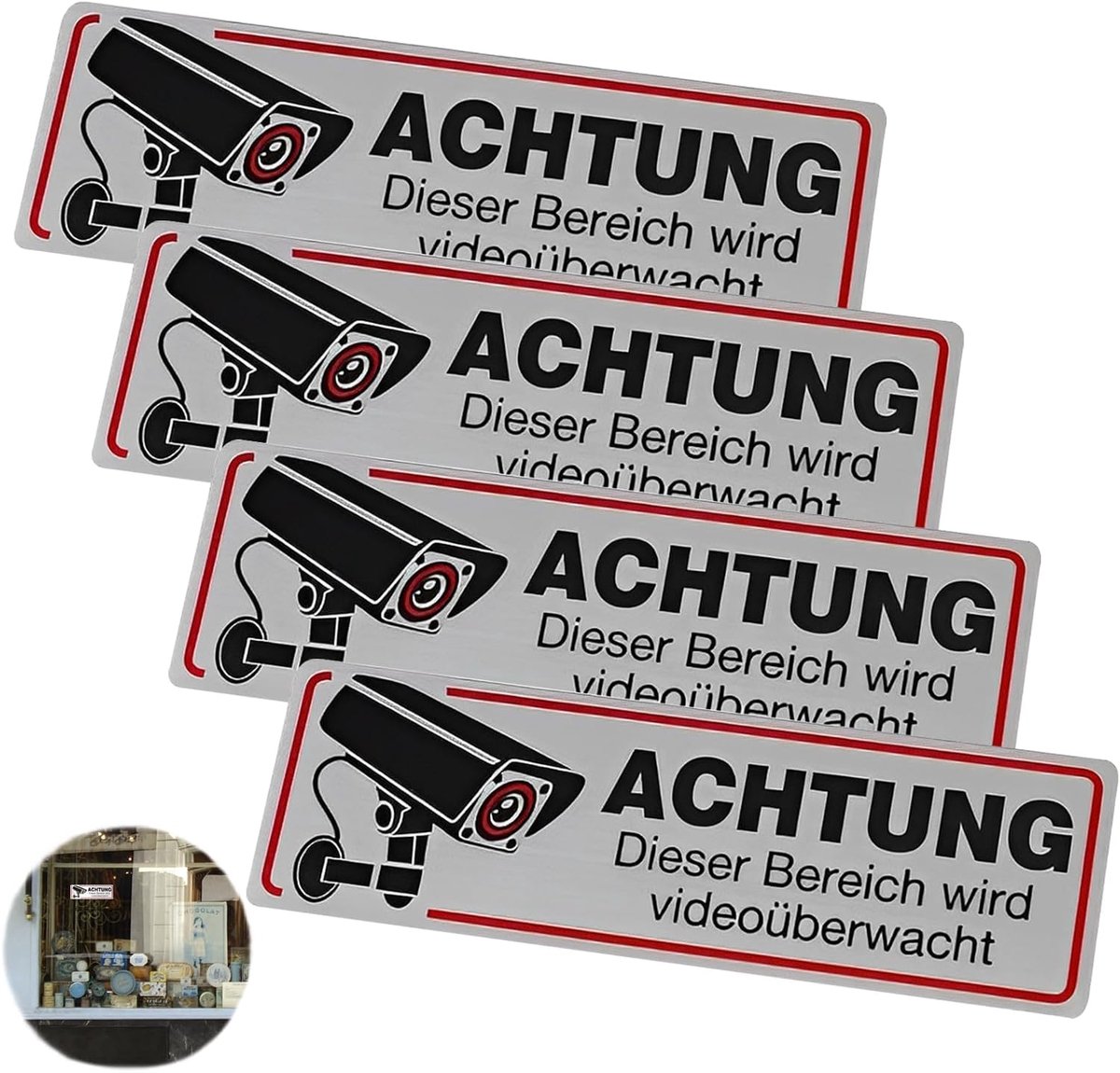 Stickers, verpakking van 4 stuks, videobewaking, bord, waarschuwingsbord, privé-eigendom, waarschuwingsbord, videobewaking, bord voor binnen en buiten