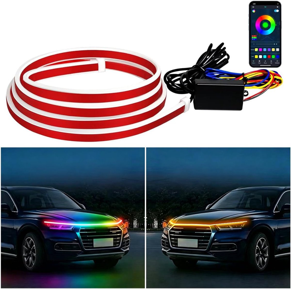 LED Hood Light Strip, Flexibele Waterdichte Buitenverlichting Dagrijverlichting, RGB Multicolor LED Hood Light Strip, Dynamisch Scanning Dagrijverlichting, Geschikt voor Automotive 12V-24V