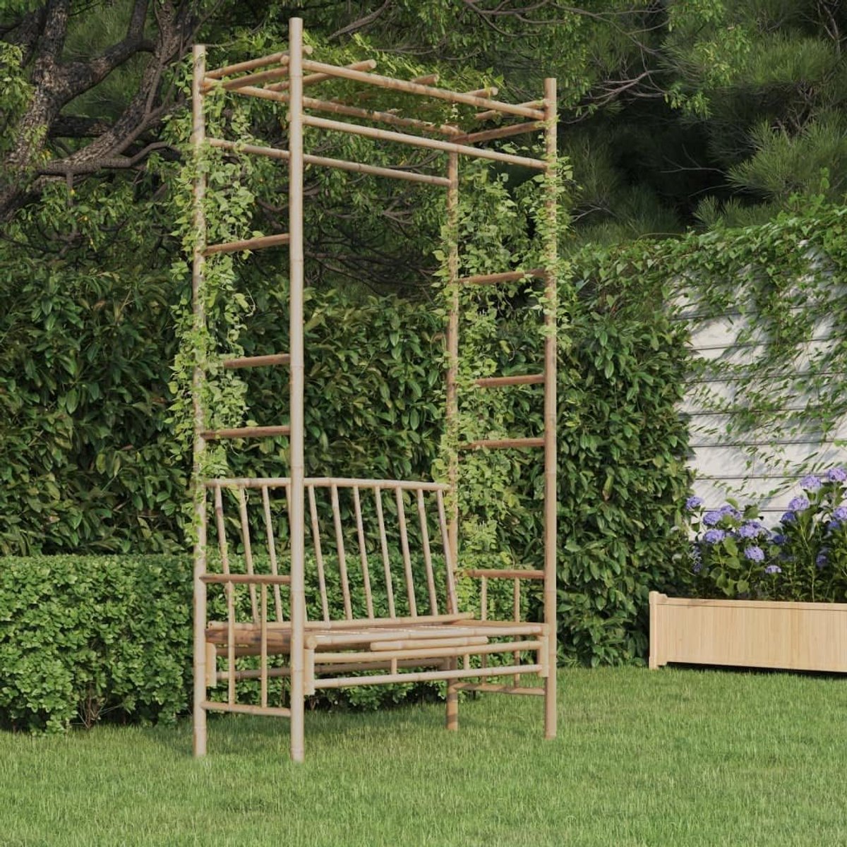 Tuinbank met pergola 116 cm van bamboe voor tuin, terras, park