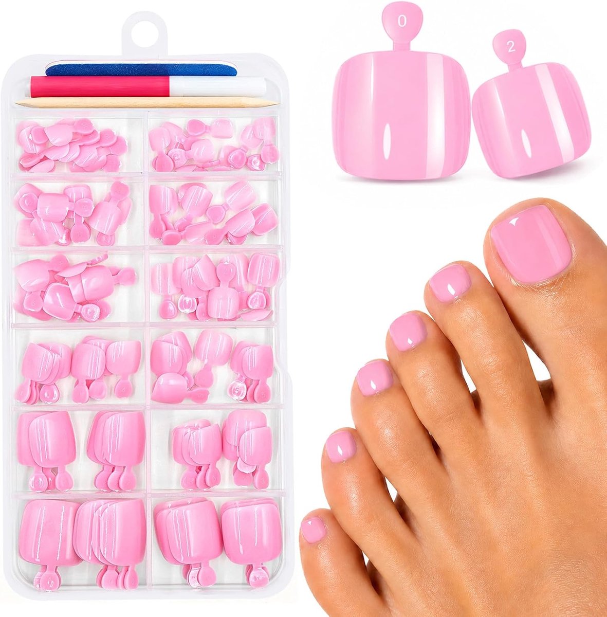 120 stuks valse teennagelset, 12 maten, kunstteennagels om op te plakken, kort, vierkant, Sakura roze acryl teennagels om op te plakken, Franse volledige afdekking, teennagels voor vrouwen en meisjes