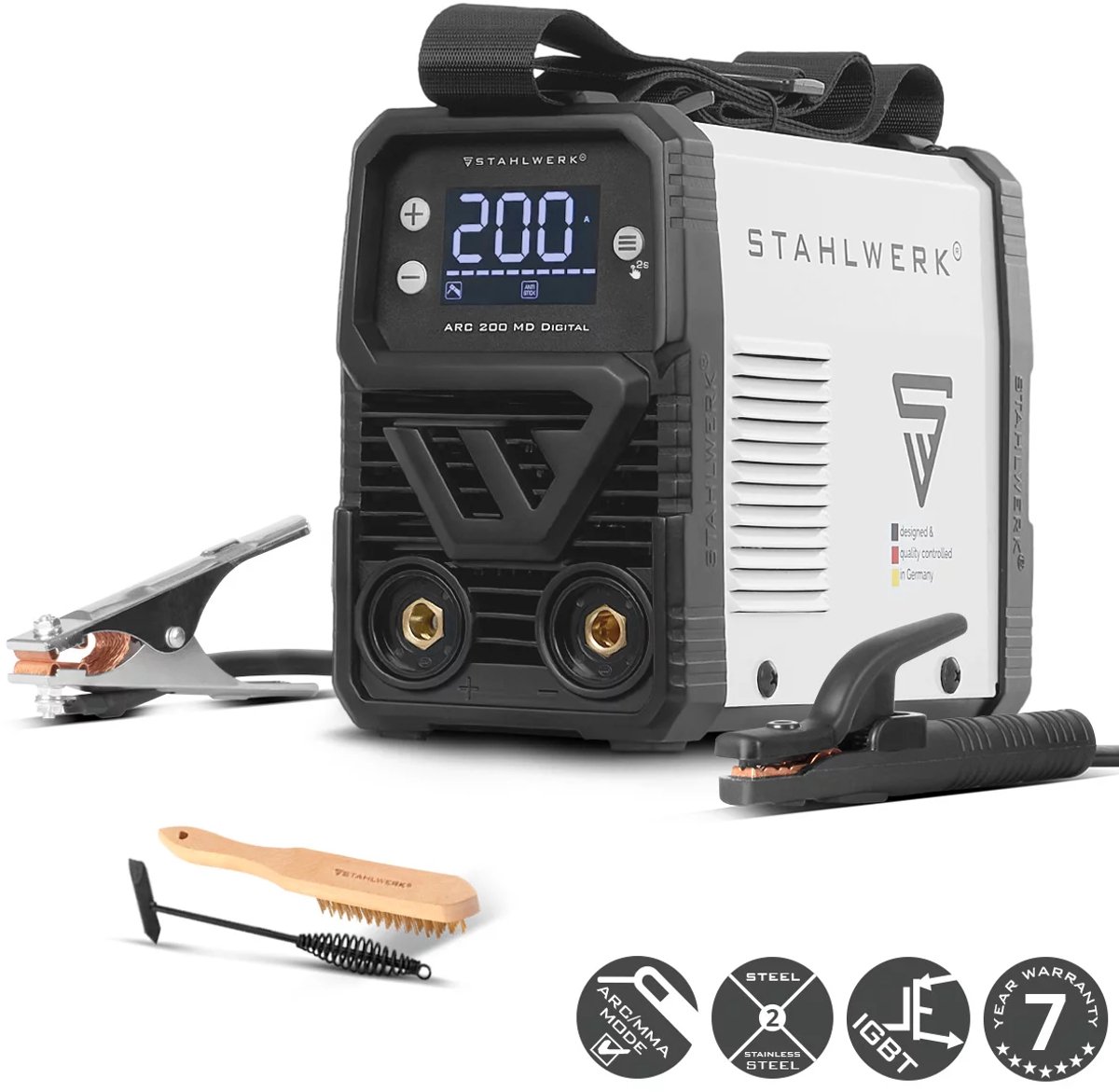 STAHLWERK ARC 200 MD Digitale Elektrode Lasmachine DC MMA / MMA, Lift-TIG | Echt 200 ampère | Digitaal display met menu | Hotstart, Anti-Stick, ARC-Force, VRD | Slimme koeling | IGBT technologie