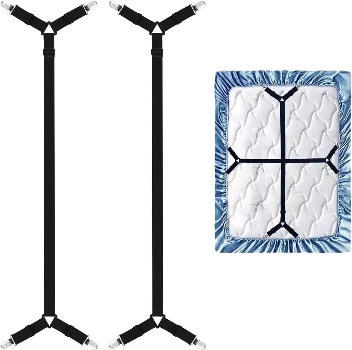 2 stuks lakensteunriemen, hoeslakenspanner, hoeslaken, matrasklemmen, lange verstelbare bedlakenclips, verstelbare kruisspanners voor hoeslaken.