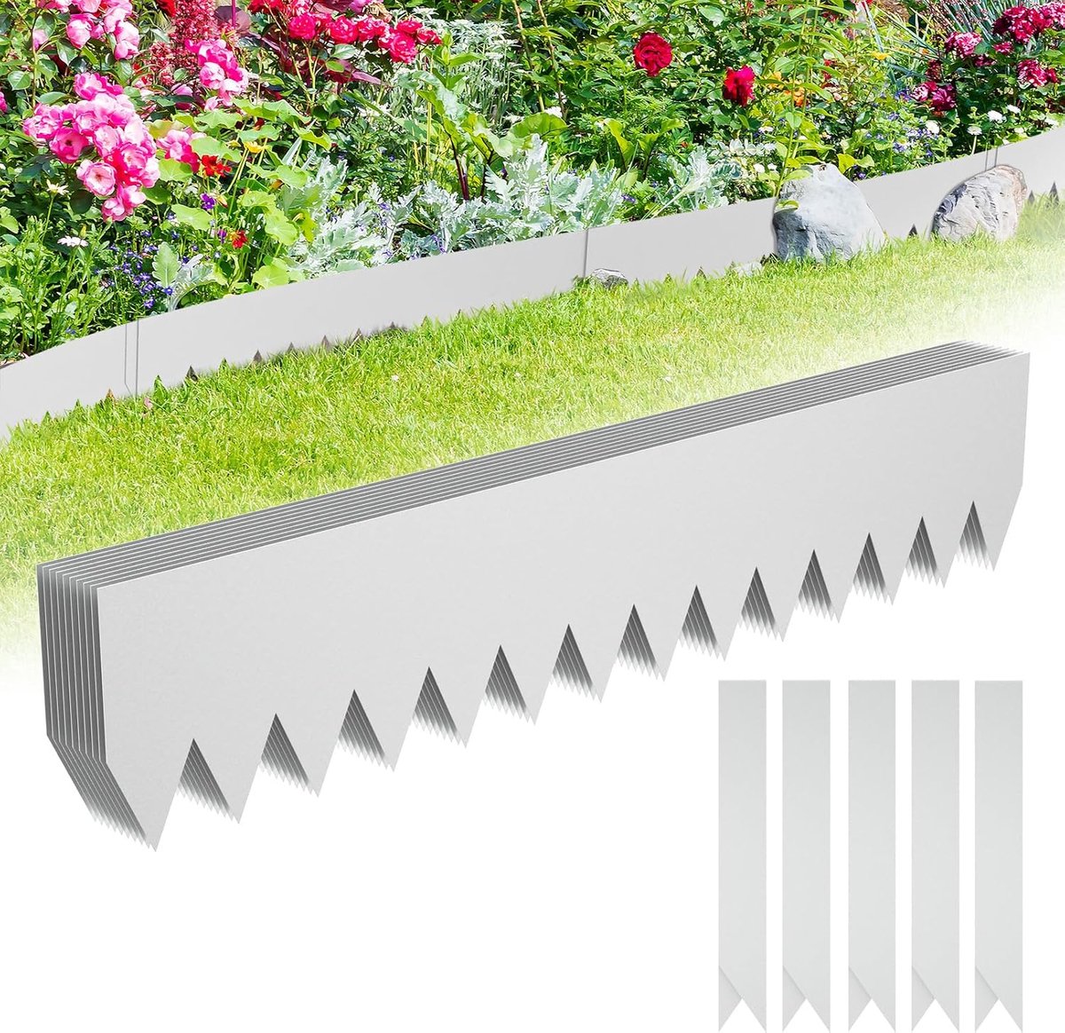 Flexibele gazonrand, L 100 x H 20 cm, bloembedomranding met doornen, tuinperkbegrenzing voor binnenplaats, boerderij, zilver, 5 stuks