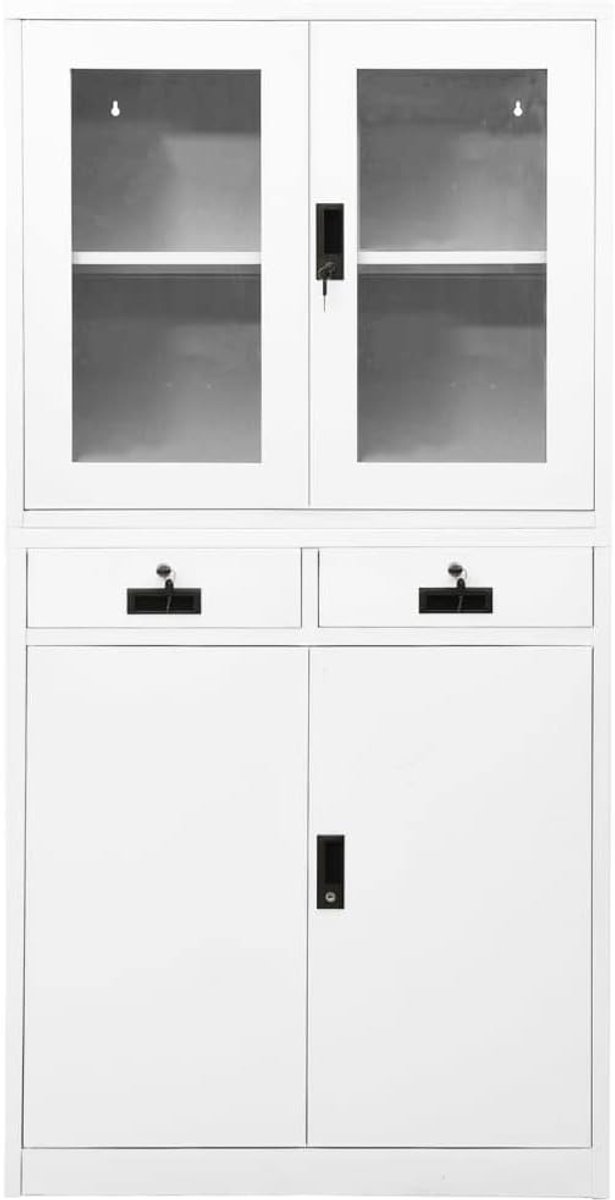 Wit, 90 x 40 x 180 cm, staal en gehard glas, kantooropbergkast, woonkamerkast, meubels voor de woonkamer, geschikt voor woonkamer, slaapkamer, kantoor
