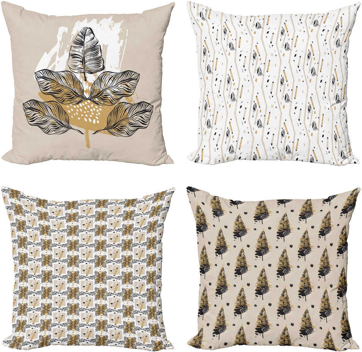 ABAKUHAUS Bladeren Sierkussen Kussenhoes 4 er Set, Erdige tonte Kontur Laub, Modern Accent Dubbelzijdige Digitale Print, 50 x 50 cm, Lichtbruin Anthrazit Grijs