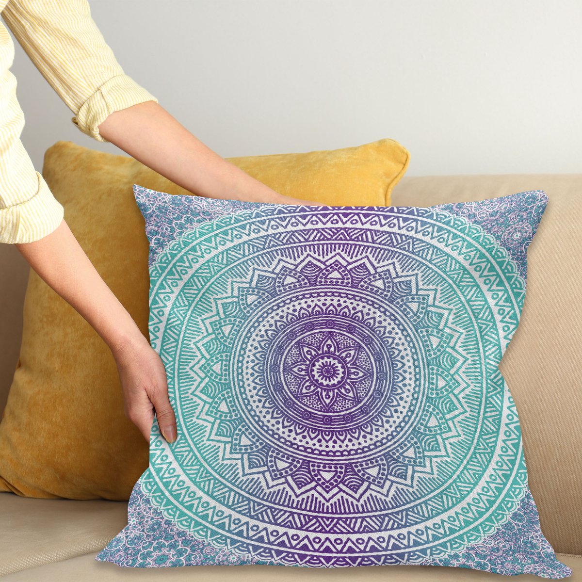 ABAKUHAUS Blauw en Lila Kussenhoes, Hippie-Mandala, Decoratieve Kussenhoes met Dubbelzijdige Print, Ritssluiting, Wasbaar, 45 x 45 cm, Lila
