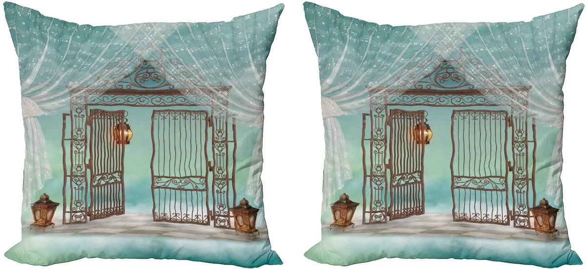 ABAKUHAUS Retro Sierkussenhoes Set van 2, Oud Gate en Vorhang, Modern Accent Dubbelzijdige Digitale Print, 40x40, Teal Bruin Wit