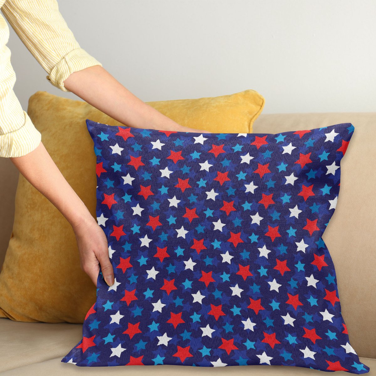 ABAKUHAUS Patriotisch Kussenhoes, Amerikaanse Vlag Sterren, Digitale Print, Waterbestendig, Kleurecht, Wasbare Kussenhoes met Ritssluiting, 40 x 40 cm, Donkerblauw Wit