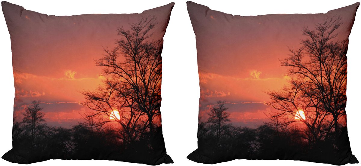 ABAKUHAUS Afrikaans Sierkussenhoes Set van 2, Zonsondergang am Kwando, Modern Accent Dubbelzijdige Digitale Print, 45x45, Koraal Oranje Zwart