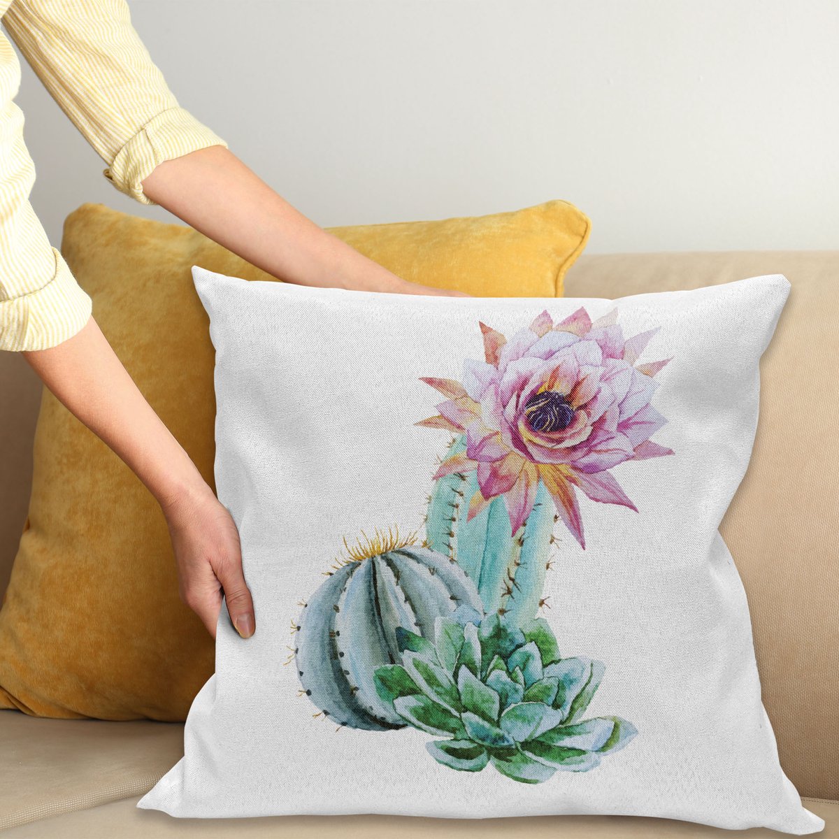 ABAKUHAUS Kaktus Kussenhoes, Kaktus-Bloem en Spike, Met Ritssluiting, Wasbaar, Dubbelzijdige Digitale Print, Heldere Kleuren, Hoogwaardige Stof, 40 x 40 cm, Roze Groen en Blauw