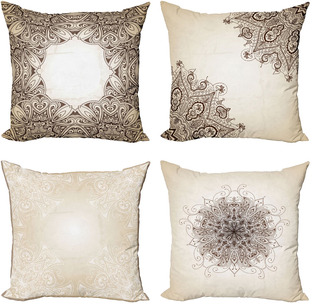 ABAKUHAUS Etnisch Sierkussen Kussenhoes 4 er Set, Kultur Folkloric Mandala, Modern Accent Dubbelzijdige Digitale Print, 40 x 40 cm, Eierschalenfarben Bruin