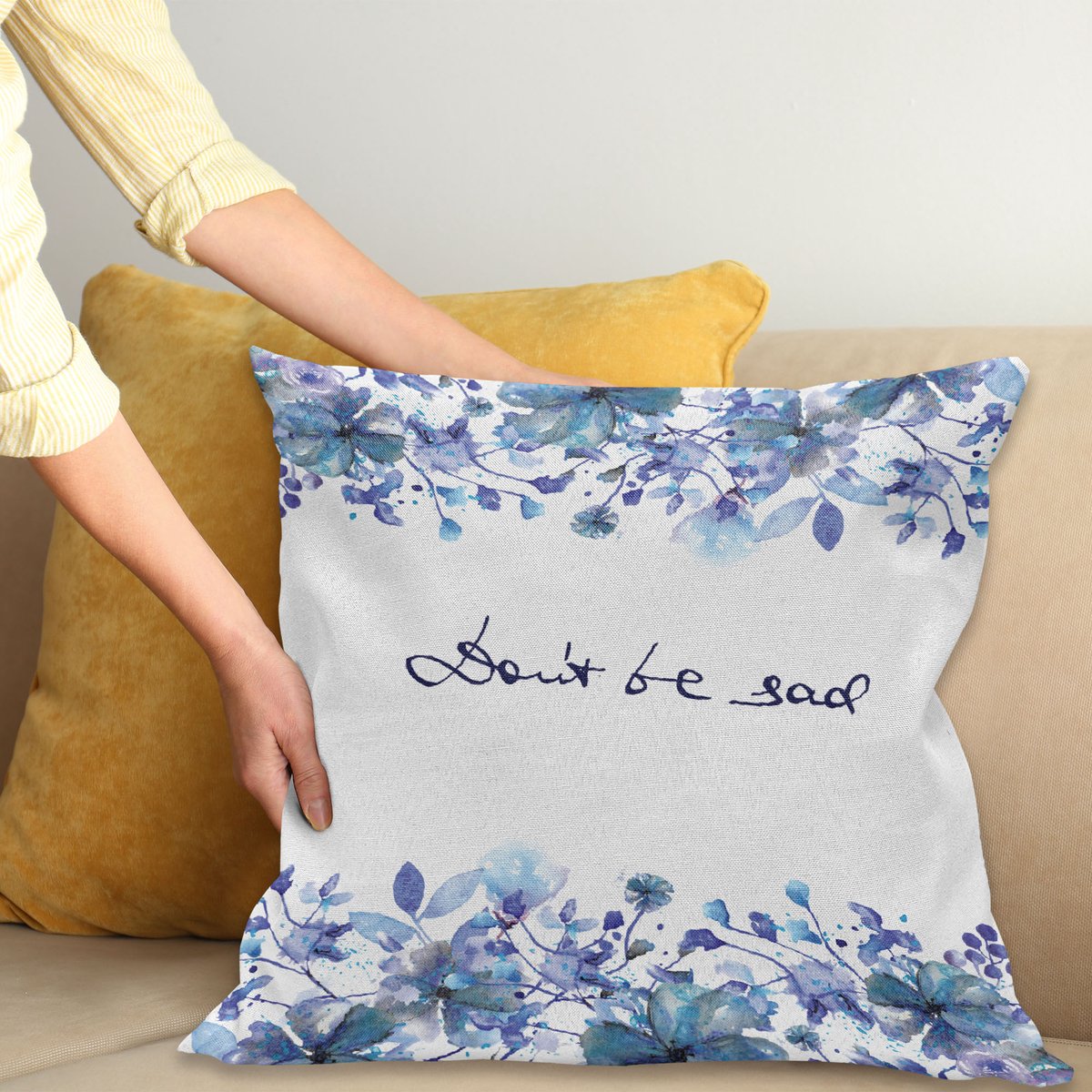 ABAKUHAUS Aquarel Kussenhoes, Blaue Bloemen-Bladeren, Decoratieve Kussenhoes met Dubbelzijdige Print, Ritssluiting, Wasbaar, 40 x 40 cm, Königsblau