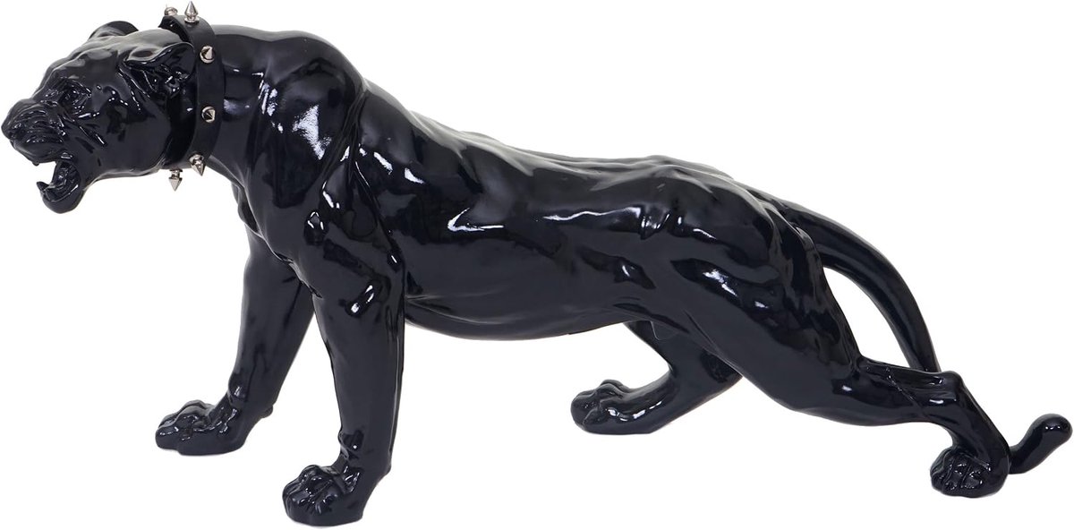 Decoratieve figuur luipaard 59 cm, polyhars sculptuur Panther, In-/Outdoor - zwart hoogglans met kraag