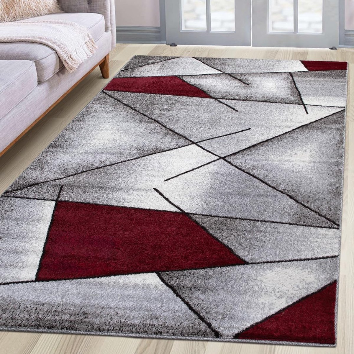 Geweven tapijt voor woonkamer, hal, slaapkamer, rood, modern geometrisch design, 60 x 110 cm