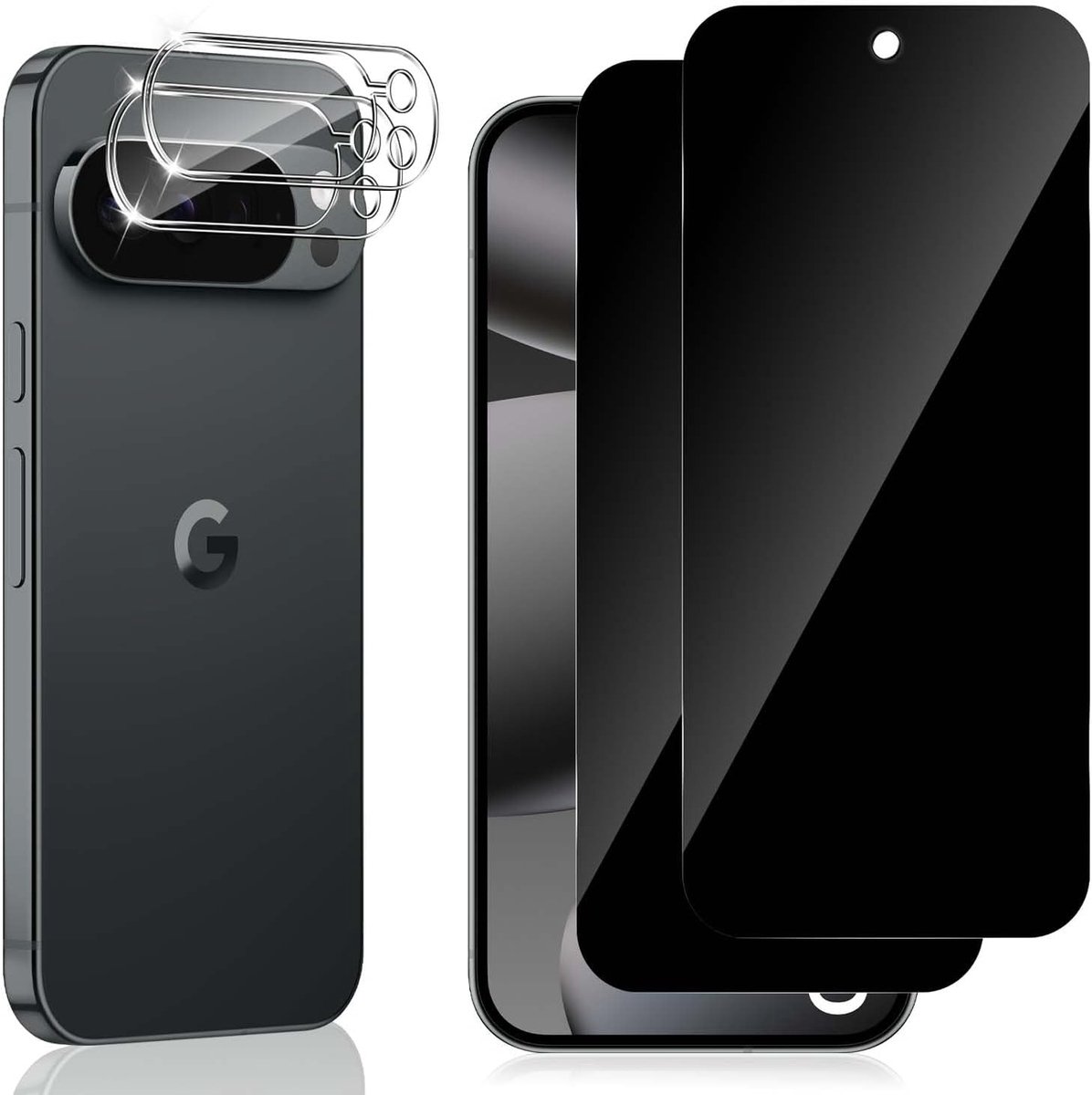 Inkijkbescherming voor Google Pixel 10 Pro 5G pantserglas, 2 + 2 stuks anti-spy pantserbescherming van glas en camerabescherming, 9H hardheid, privacyfolie, privacy-displaybeschermfolie