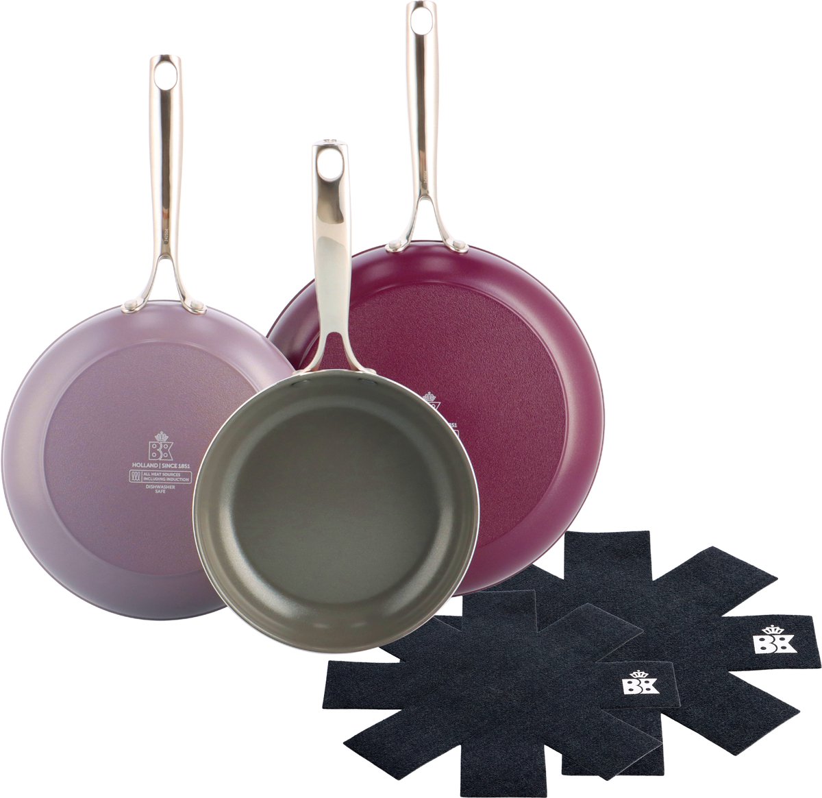 BK Sky Koekenpannenset 3 delig met 2 pan protectors - 20/24/28cm - PFAS vrije antikleeflaag – Pannenset inductie - Keramische pan – Ovenbestendig tot 220°C – RVS handgrepen - Violet