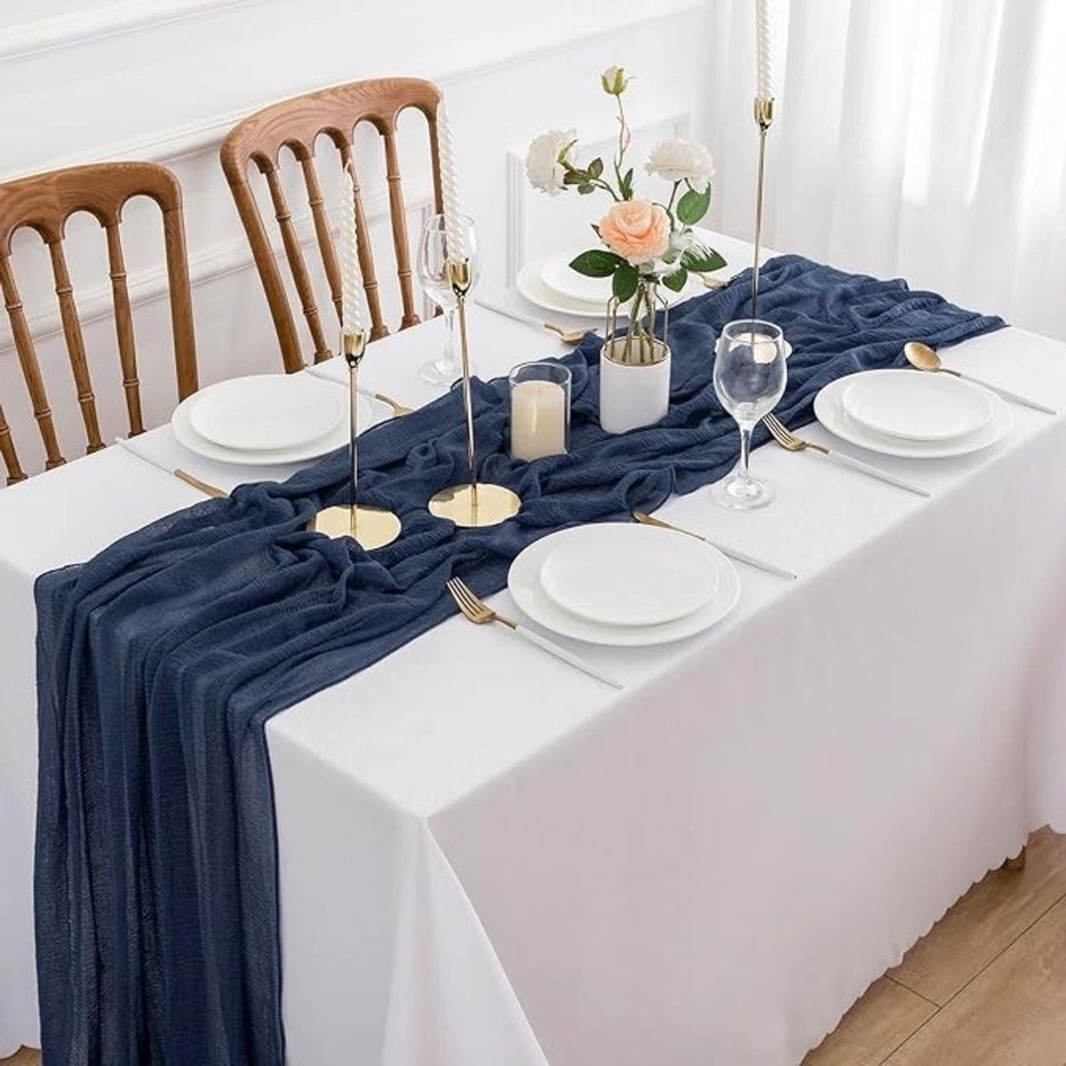 Livatto Tafelloper mousseline 300x80 cm donkerblauw – gerimpelde kaasdoek voor bruiloft en feest
