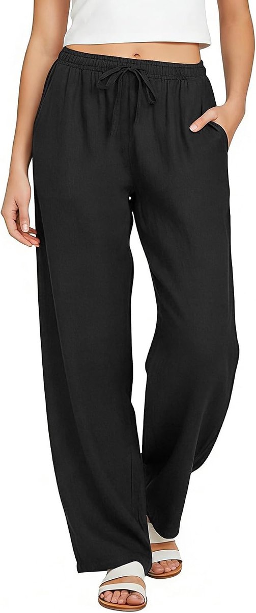Zomerbroek voor dames, casual, katoenen linnen, hoge taille, elastisch, lange broek, comfortabel, licht, vloeiend, brede strandbroek met zakken