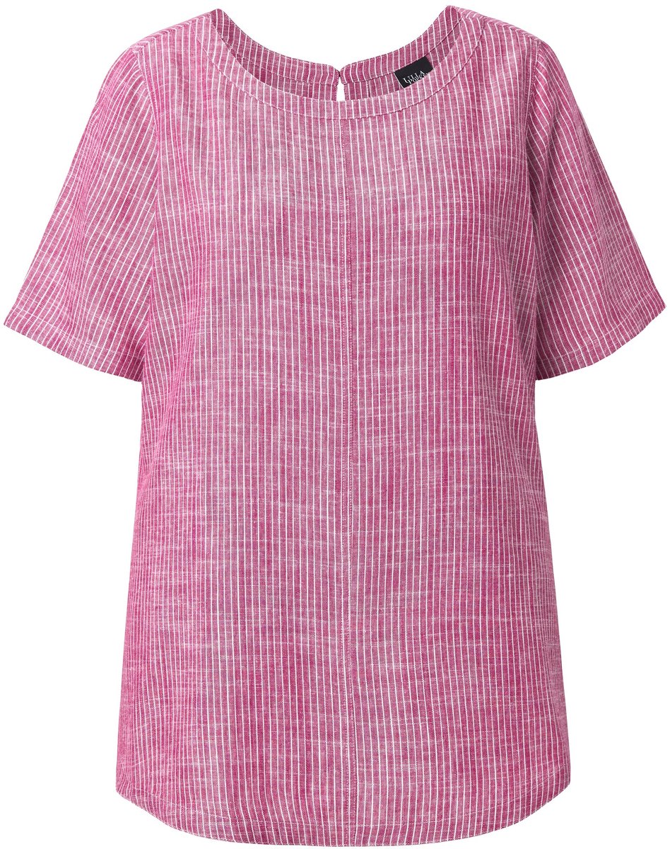 Ulla Popken - Dames - Blouse linnenmix strepen ronde hals halve mouwen - Magnoliarood - Maat 42+