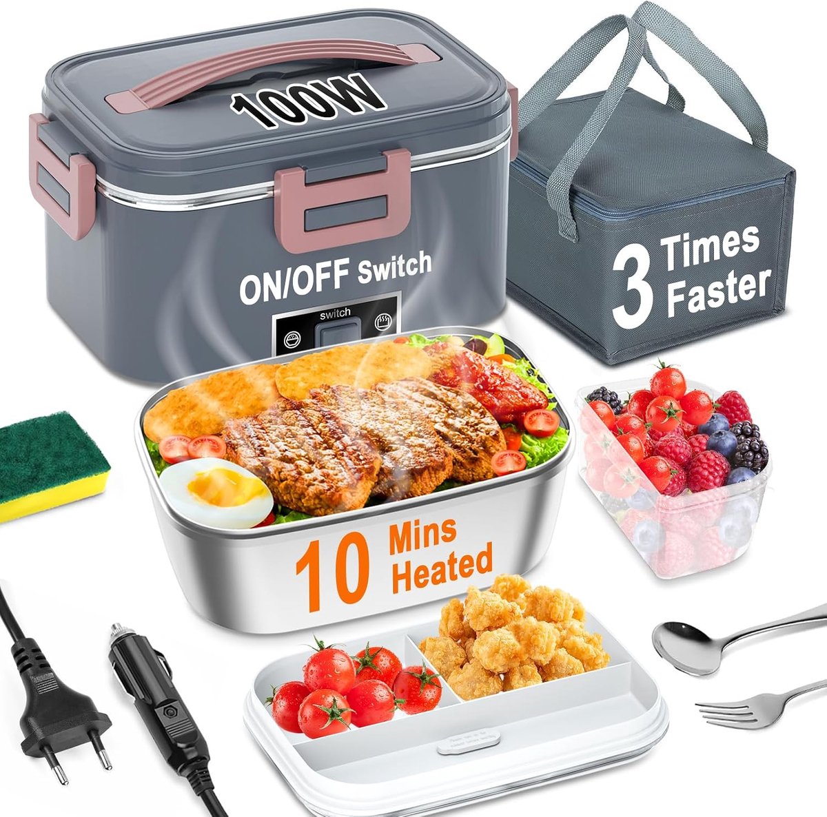 Verwarmde lunchbox 100W - 3-in-1 1,8L Supersnelle draagbare lunchbox, 12V / 24V / 110-220V Verwarmde lunchbox voor autovrachtwagen thuis met lekvrij compartimentdeksel (grijs, 1.8 L)