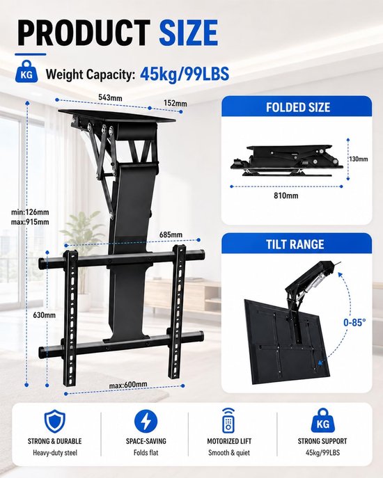 Tv-beugel, Elektrische Tv-plafondmontage Met Afstandsbediening En Schakelaarbediening, Gemotoriseerde Tv-lift Installatiemethoden Voor Plafond- En Wandmon (32-70 inch) — afbeelding 2