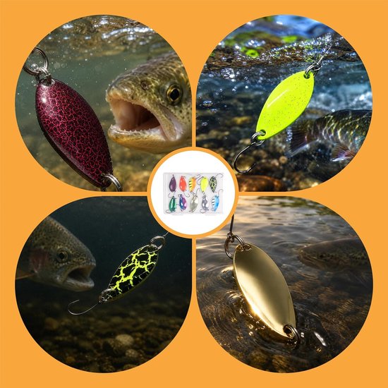 10-delige set forelaas, realistische metalen lepels, forel, mini-draaifiguur, forelaas met haak, forellepel, accessoires, visaas inclusief paillettendoos, geschikt voor verschillende vissen — afbeelding 3