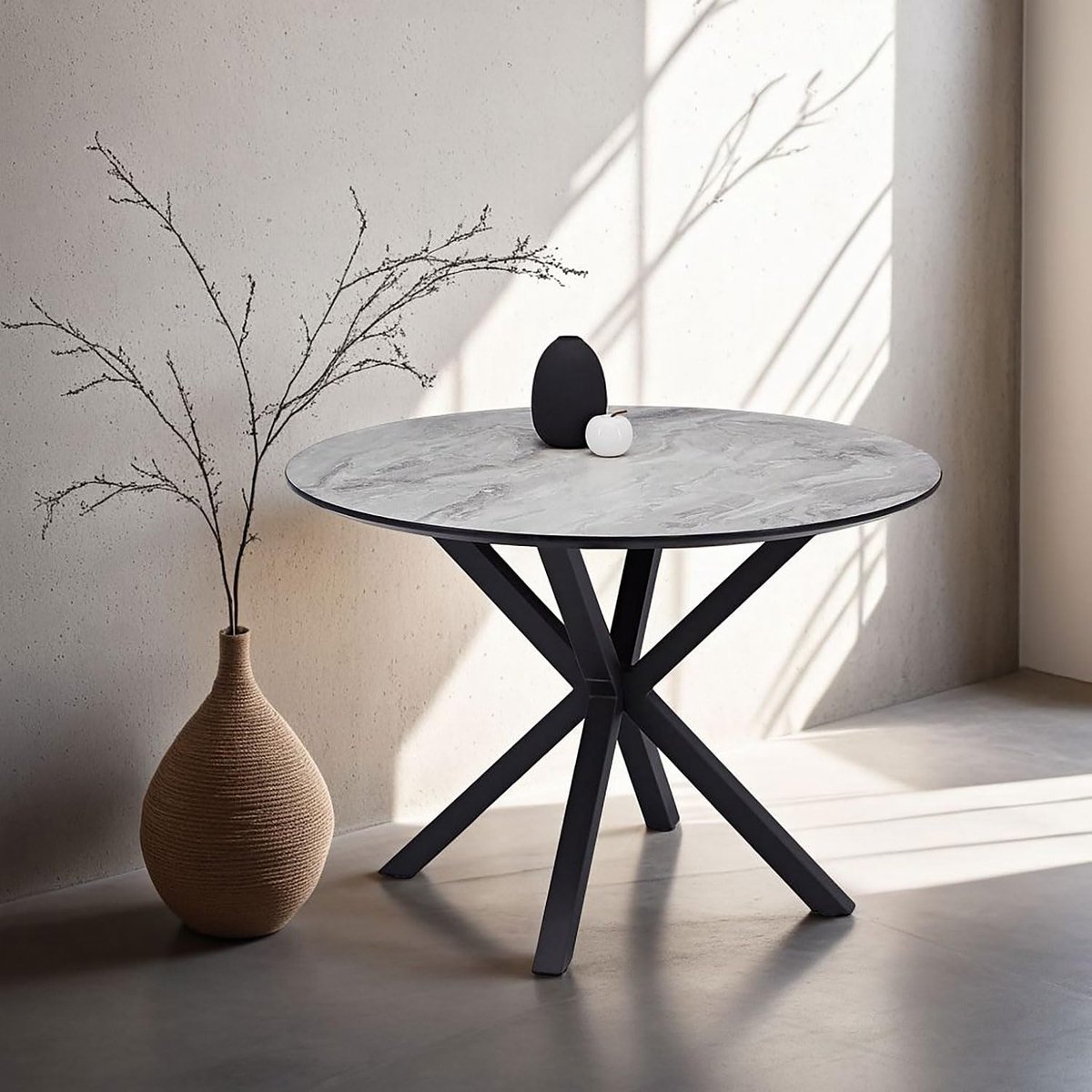 Eetkamertafel, 110 cm, rond, grijs, voor 4 personen, steenlook, metaal, woonkamer, eettafel, metalen frame, keuken, eetkamer