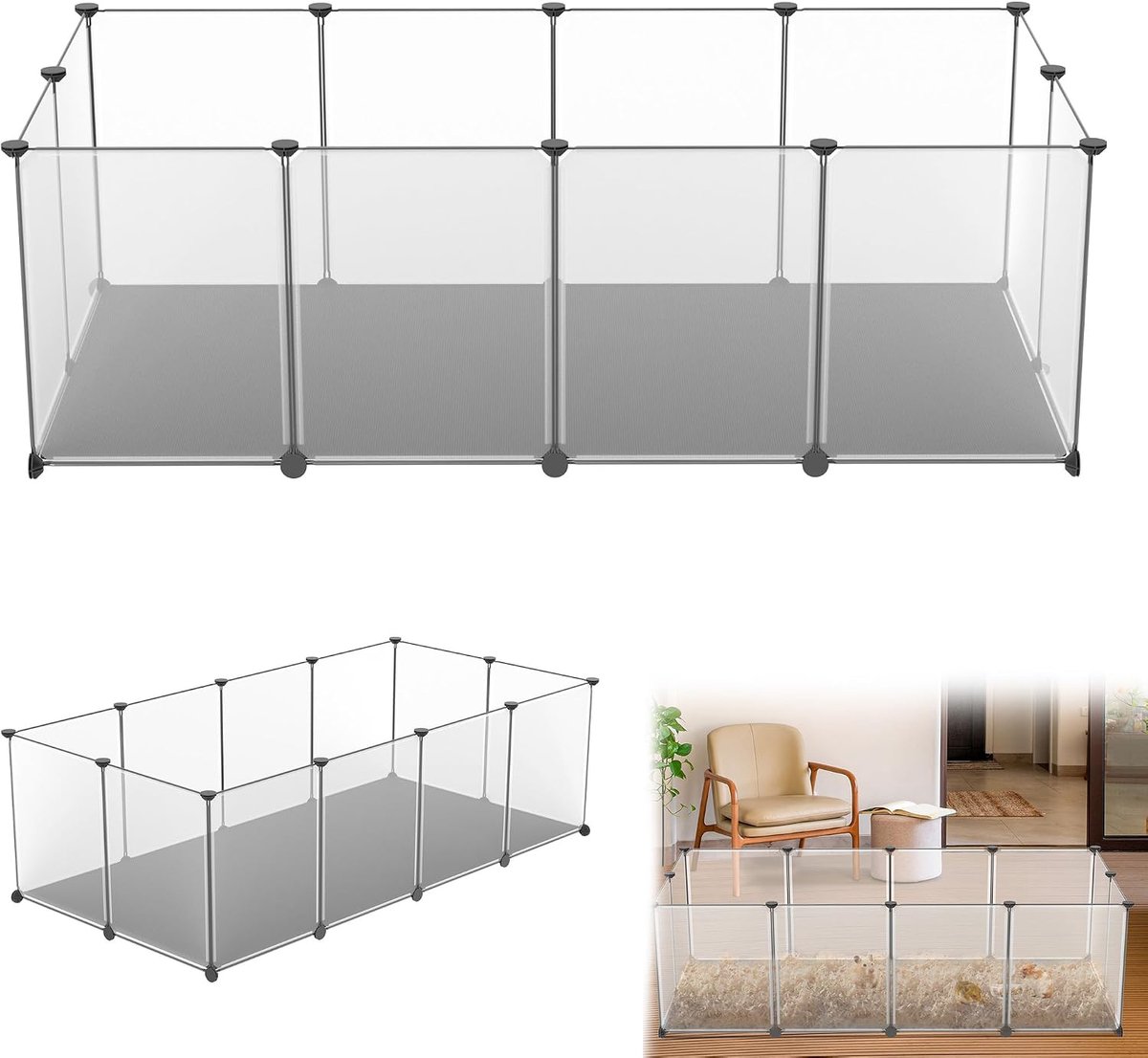 Konijnenren, huisdierenverblijf, puppy uitloop, kleindierenkooi, caviakooi voor binnen en buiten (wit, 12 stuks met mat 143 x 73 x 46 cm)