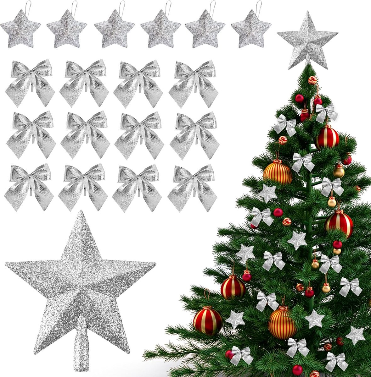 19 stuks kerstboompiek, ster, zilver, strikken, kerstboomdecoratie, kerstpiek, glitter, kerststrikken, kleine ster, onbreekbaar, zilveren kerstboomversiering