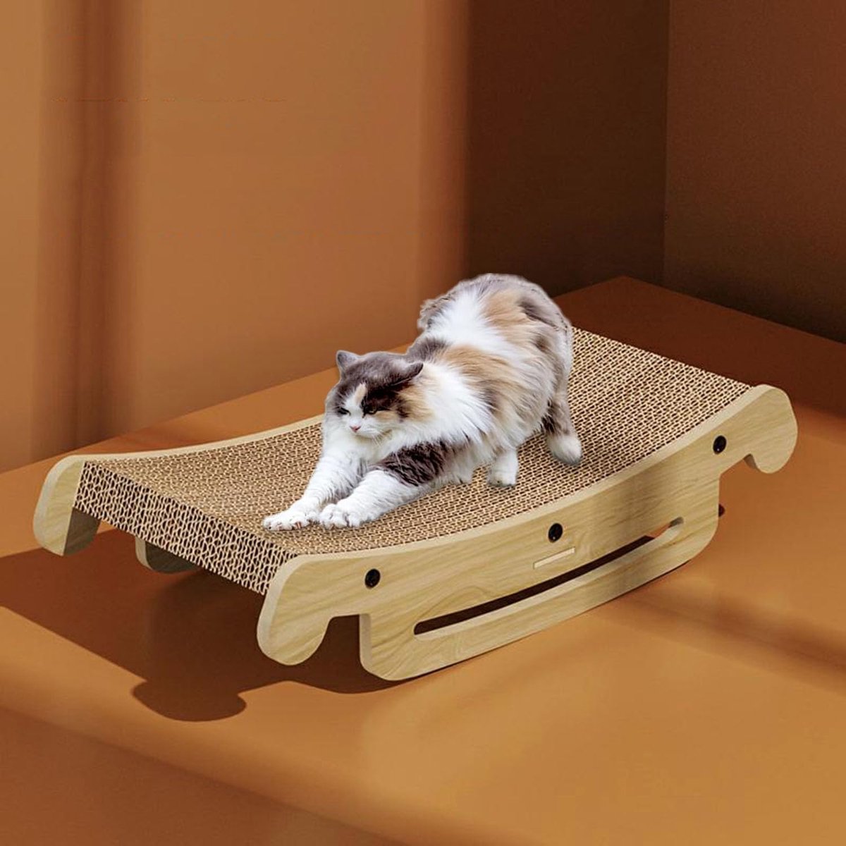 Krabplank en lounge voor katten, XL, 50 cm, natuurlijk houten frame, duurzaam golfkarton, meubelbeschermer met antislipbasis voor alle katten