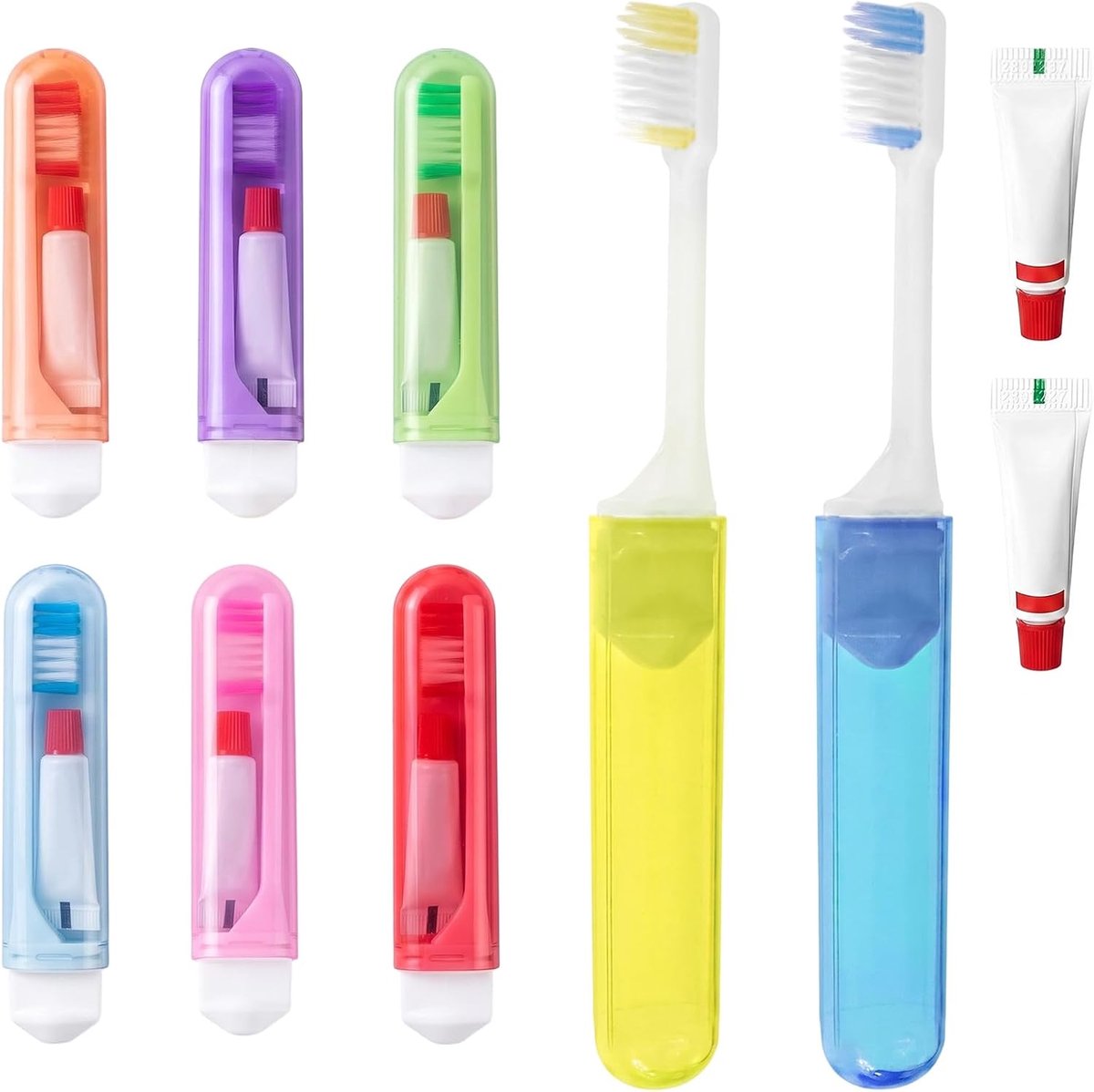 8 stuks reistandenborstels met mini-tandpasta, draagbare reistandenborstel en tandpasta-set met zachte borstelharen voor volwassenen en kinderen, mondverzorgingsset voor camping, willekeurige