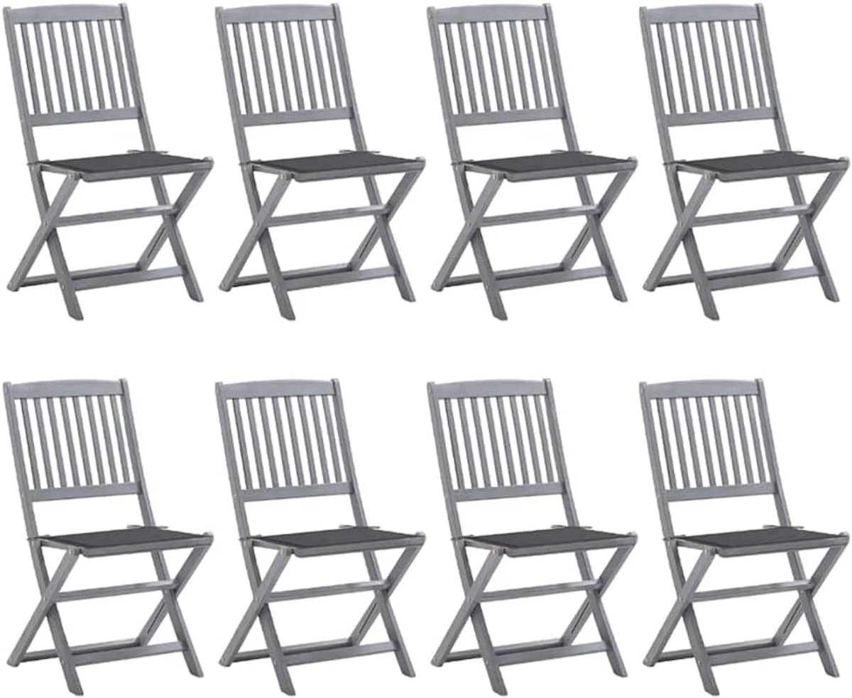 Klapstoel van massief acaciahout in grijs, 8-delige set met zitkussens, ideaal voor eetkamer op terras of terras