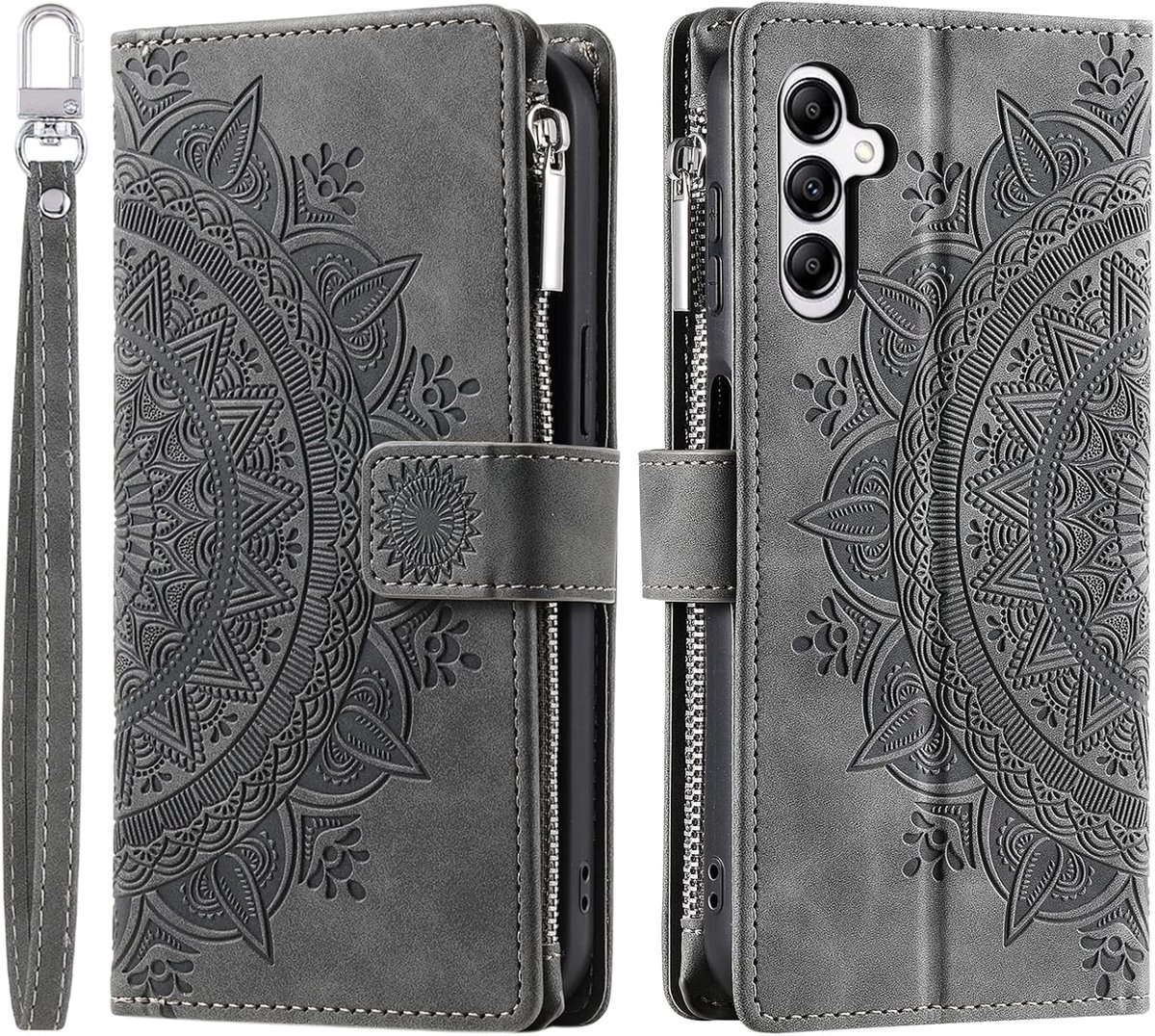 Hoes voor mobiele telefoon, voor Samsung Galaxy A14 / A14 5G, klaphoes met bloemen, mobiele telefoon, beschermhoes, klaphoes, met kaartenvak, mobiele telefoon, tas, boekcover, flip case, standaard, grijs