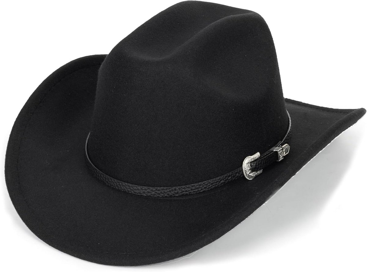zwarte westerse vilten cowboy- en cowgirlhoed met oprolbare rand voor dames en heren - decoratie met westernriem
