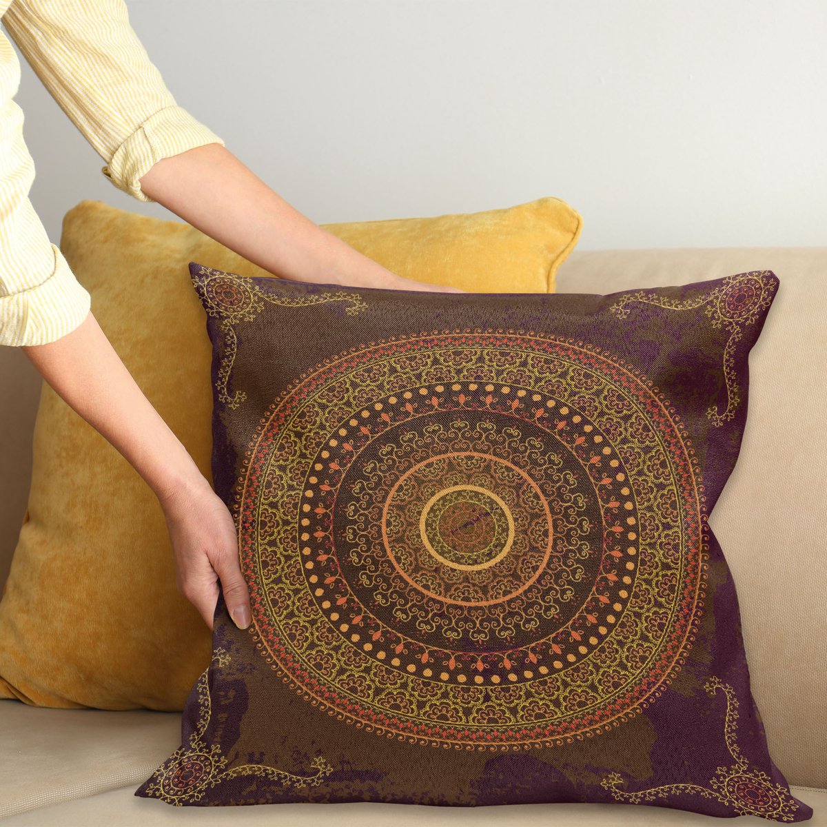 ABAKUHAUS Mandala Sierkussenhoes, Traditioneel Mandala Chart Motief in Boheems Cultural, Decoratieve Vierkante Sierkussenhoes, 40 x 40 cm, Groen Bruin