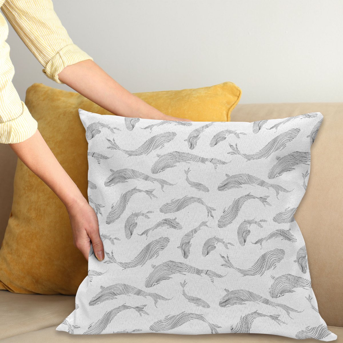 ABAKUHAUS Vis Sierkussenhoes, Minimalistisch Vis Patroon met Strepen Tropisch Fauna Tail Hand Getekend Nautisch Thema, Decoratieve Vierkante Sierkussenhoes, 45 x 45 cm, Grijs Wit