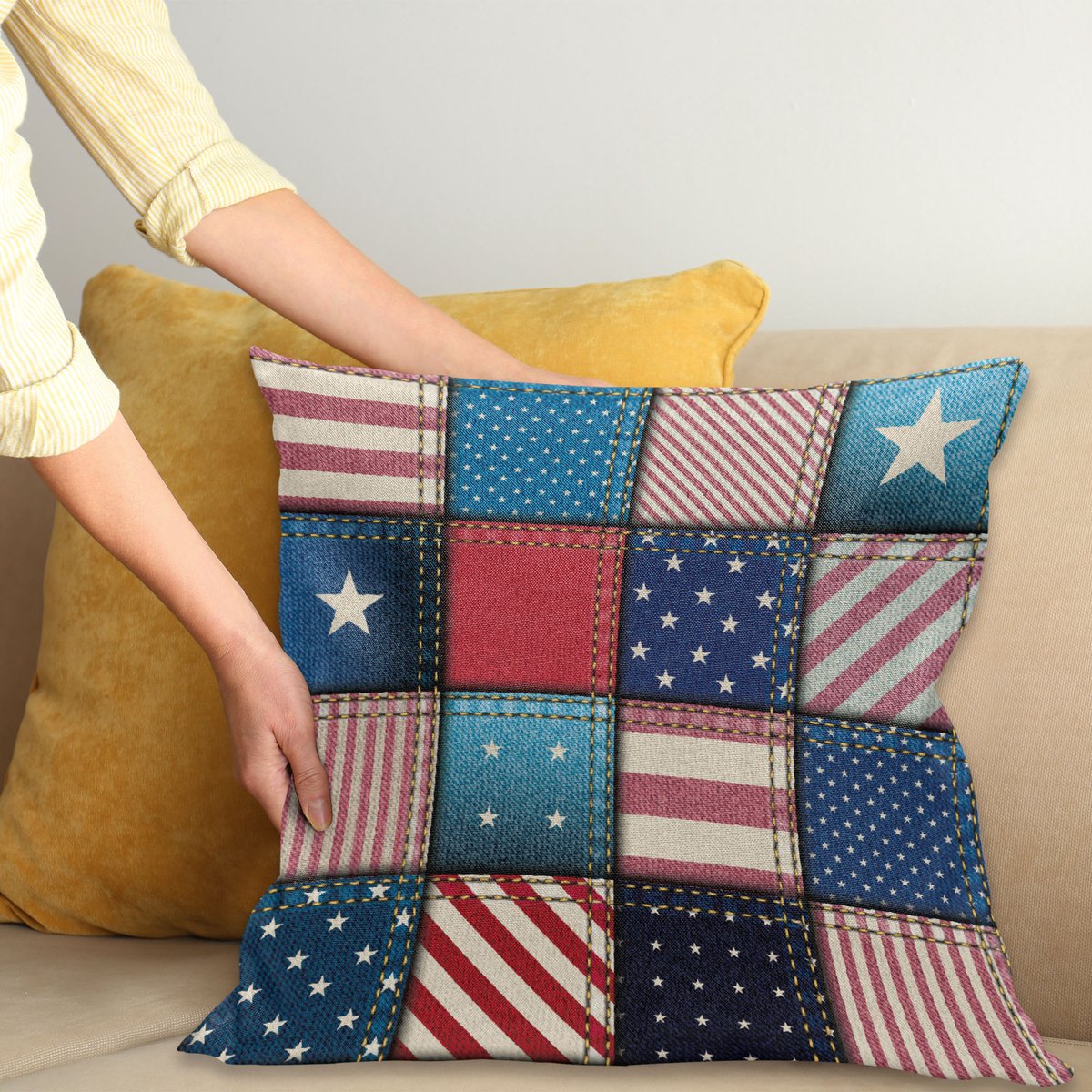 ABAKUHAUS United States Sierkussenhoes, Amerikaans Vlag Patchwork met Vertical en Horizontal Stripe en Ster Forms, Decoratieve Vierkante Sierkussenhoes, 50 x 50 cm, Rood Blauw